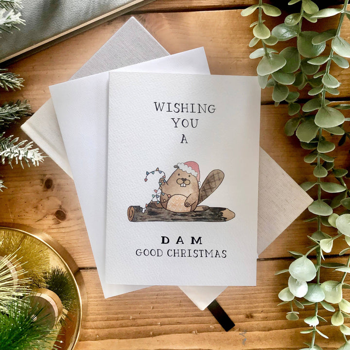 Holiday – “Dam Good Christmas” Card with Beaver Illustration