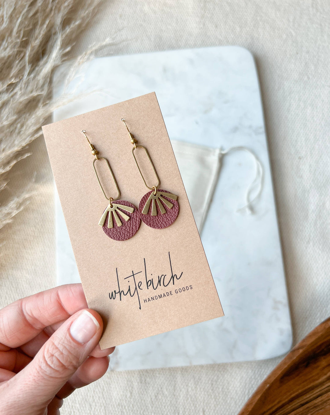 Whitebirch Handmade Goods - Burgundy Leather & Brass Sunburst Geometric Earrings