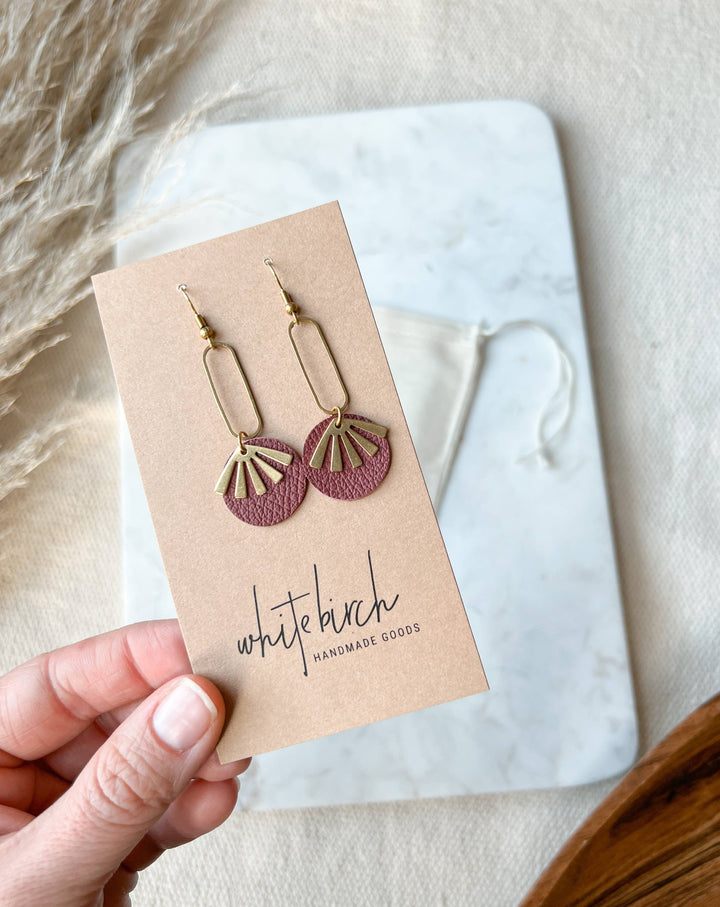 Whitebirch Handmade Goods - Burgundy Leather & Brass Sunburst Geometric Earrings