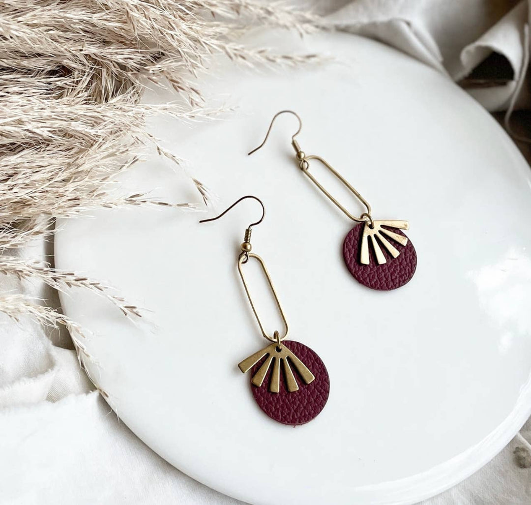 Whitebirch Handmade Goods - Burgundy Leather & Brass Sunburst Geometric Earrings