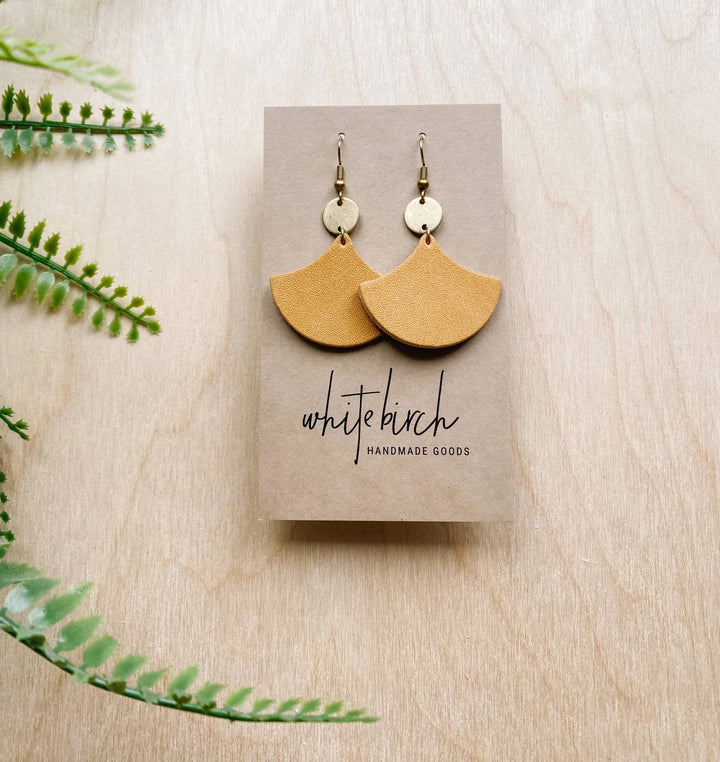 Whitebirch Handmade Goods - Distressed Tan Leather & Mini Brass Disc Geometric Earrings