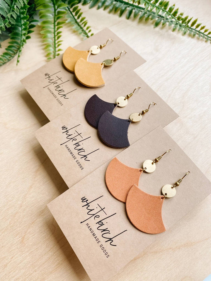 Whitebirch Handmade Goods - Distressed Tan Leather & Mini Brass Disc Geometric Earrings