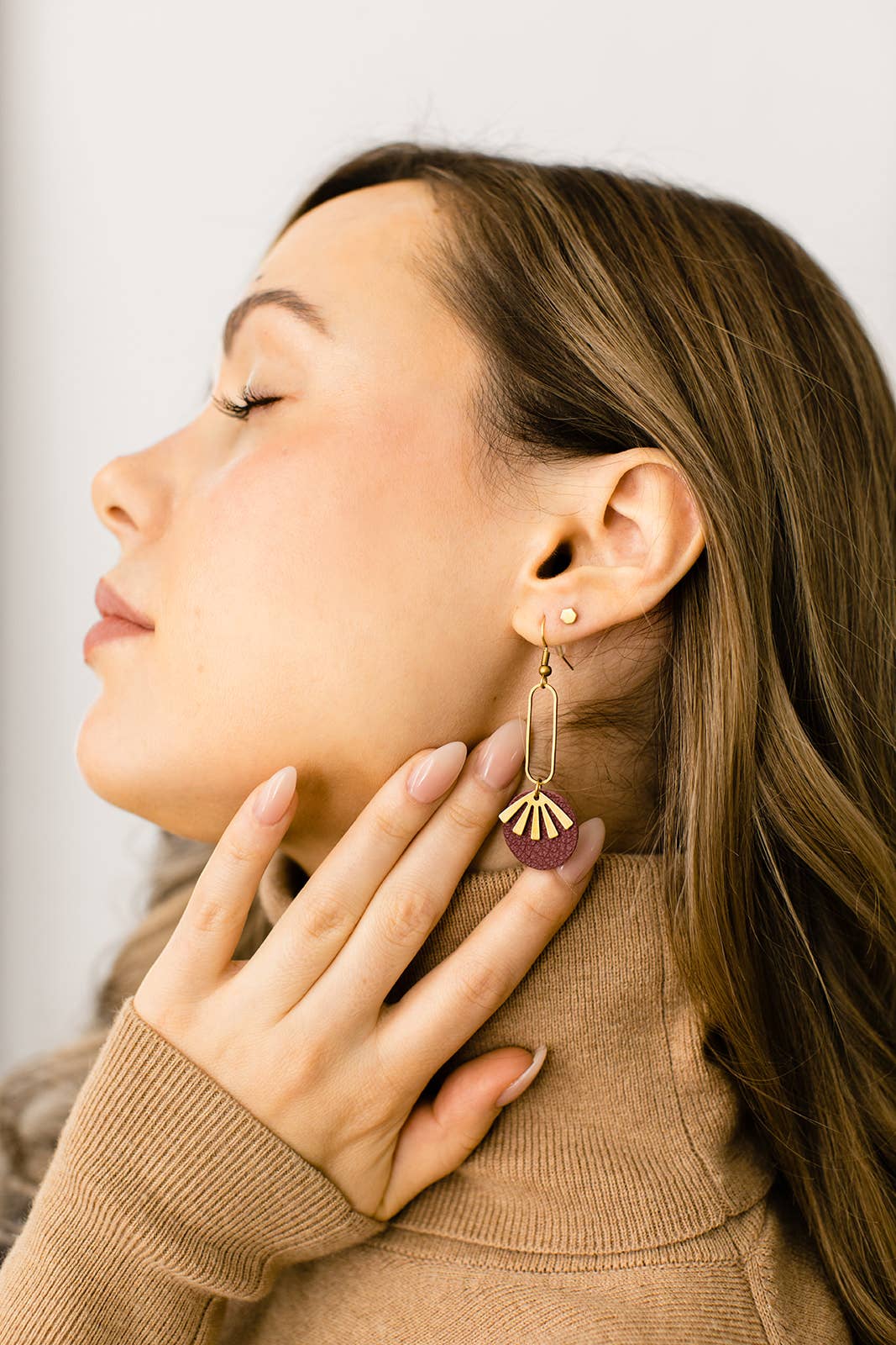 Whitebirch Handmade Goods - Burgundy Leather & Brass Sunburst Geometric Earrings