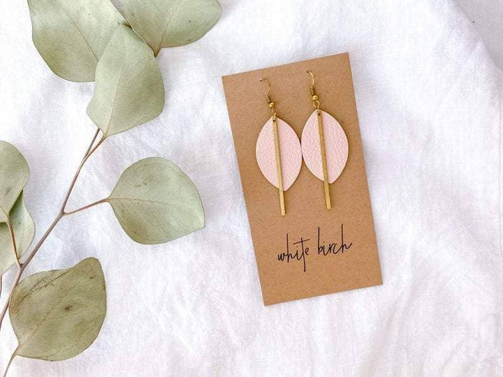 Whitebirch Handmade Goods - Blush Pink Petal Leather and Brass Bar Earrings