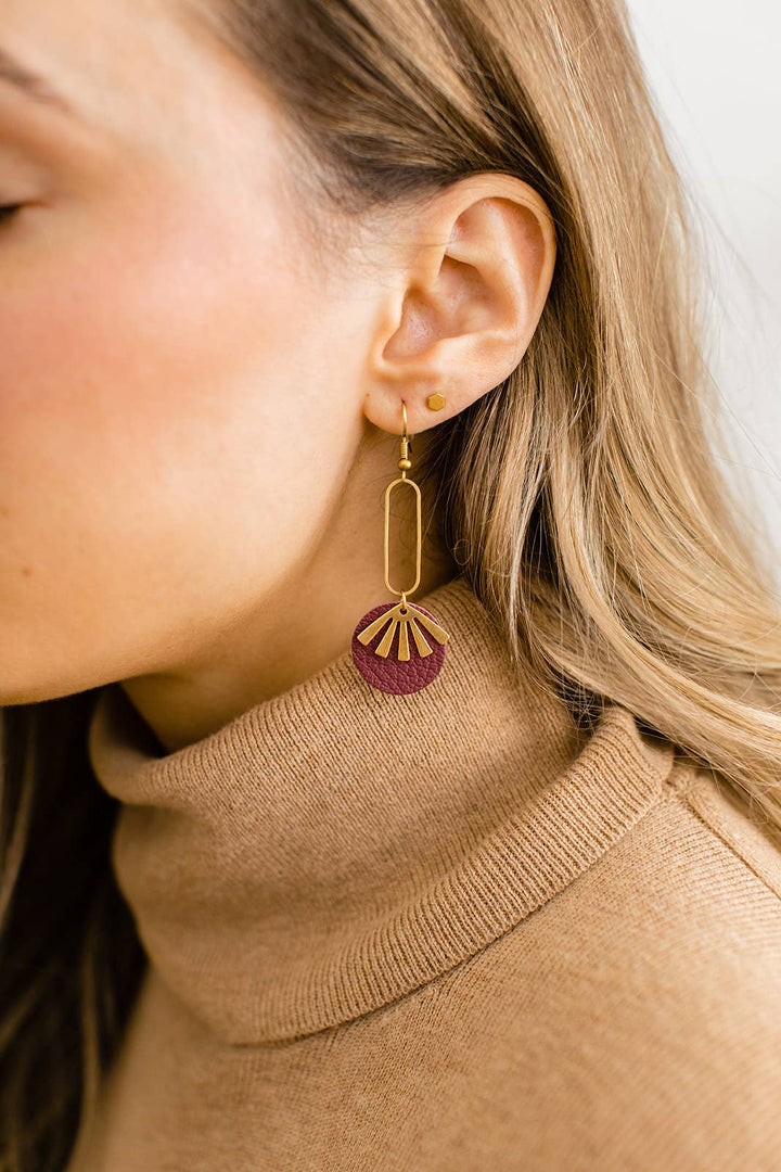 Whitebirch Handmade Goods - Burgundy Leather & Brass Sunburst Geometric Earrings