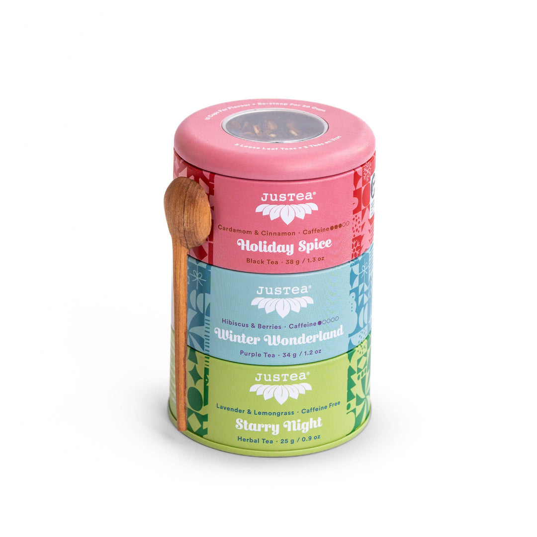 JusTea - Holiday Trio Tin & Spoon - Organic Black, Purple, Herbal Tea