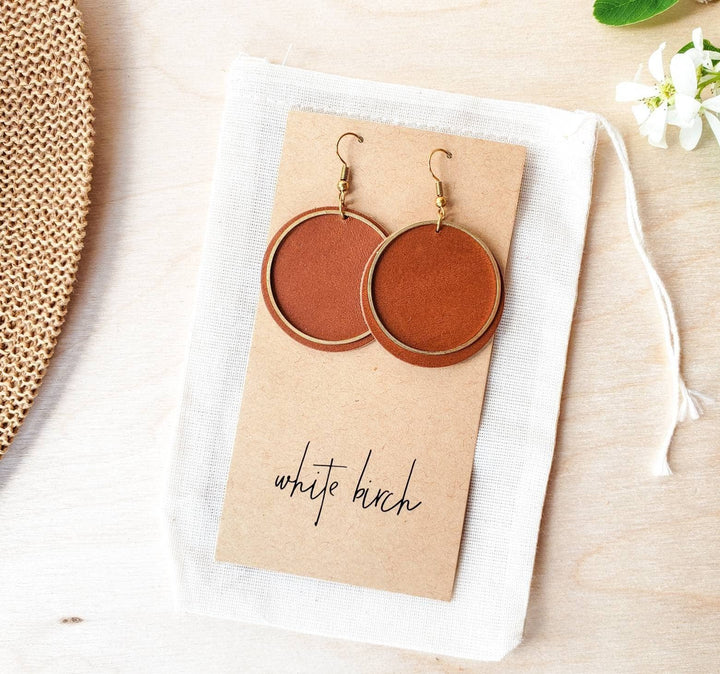 Whitebirch Handmade Goods - Brown Leather Disc & Brass Circle Earrings