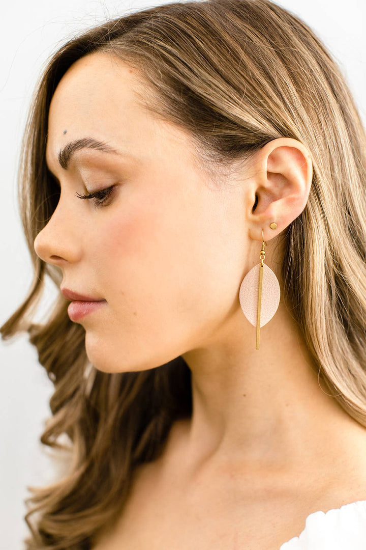 Whitebirch Handmade Goods - Blush Pink Petal Leather and Brass Bar Earrings