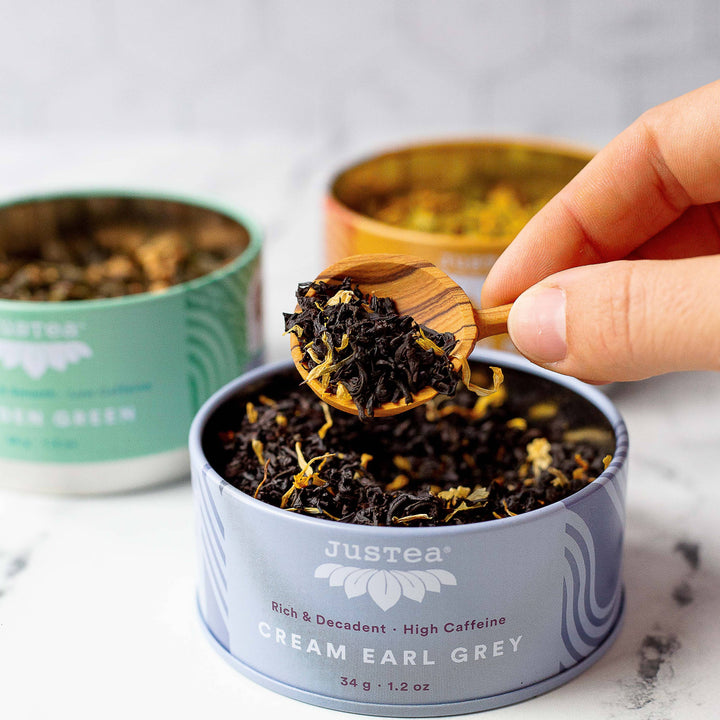 JusTea - Assorted Trio Tin & Spoon - Organic Black, Green, Herbal Tea