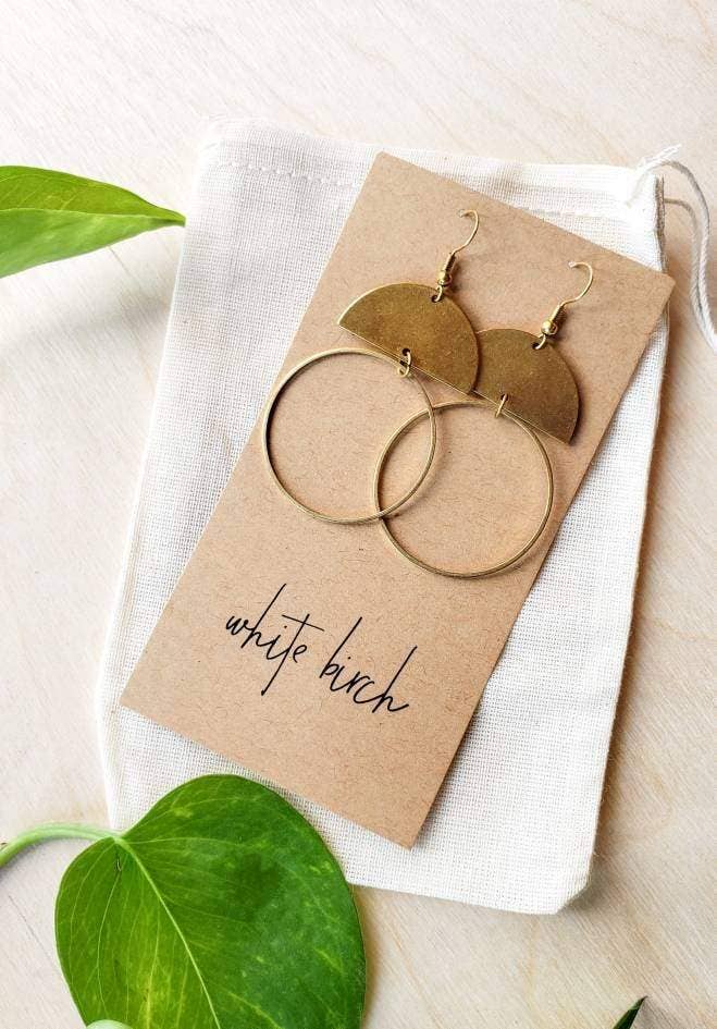 Whitebirch Handmade Goods - Brass Half Moon Circle Statement Earrings