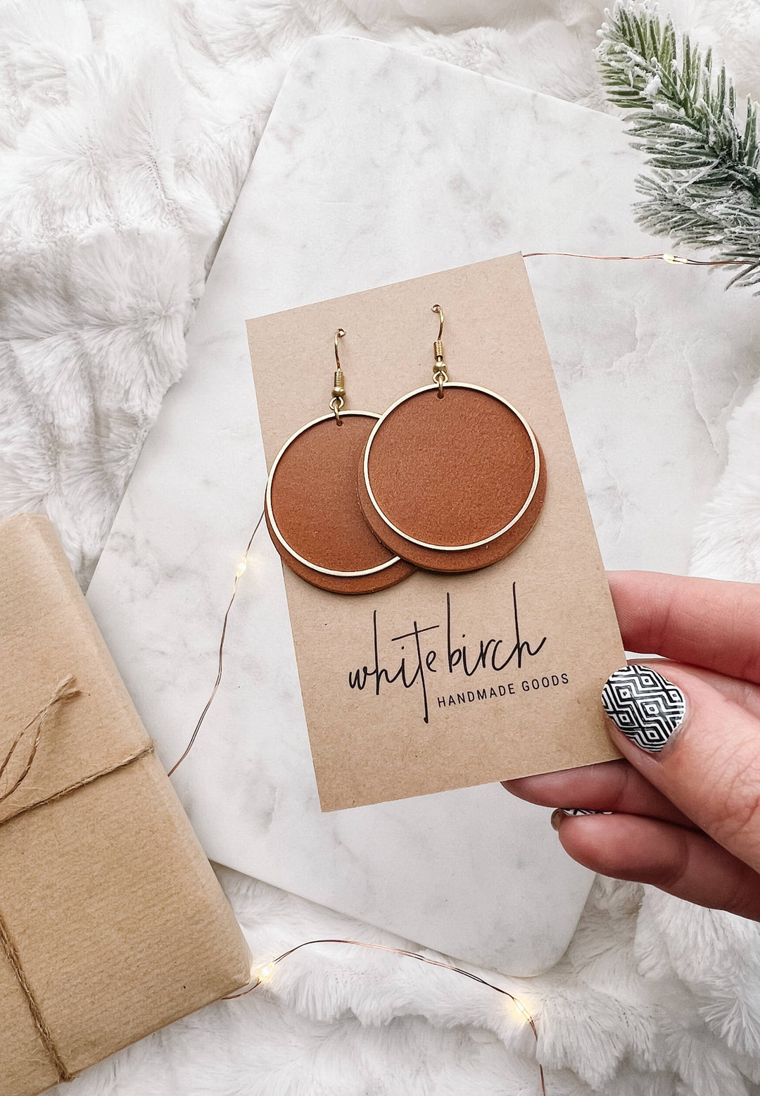 Whitebirch Handmade Goods - Brown Leather Disc & Brass Circle Earrings