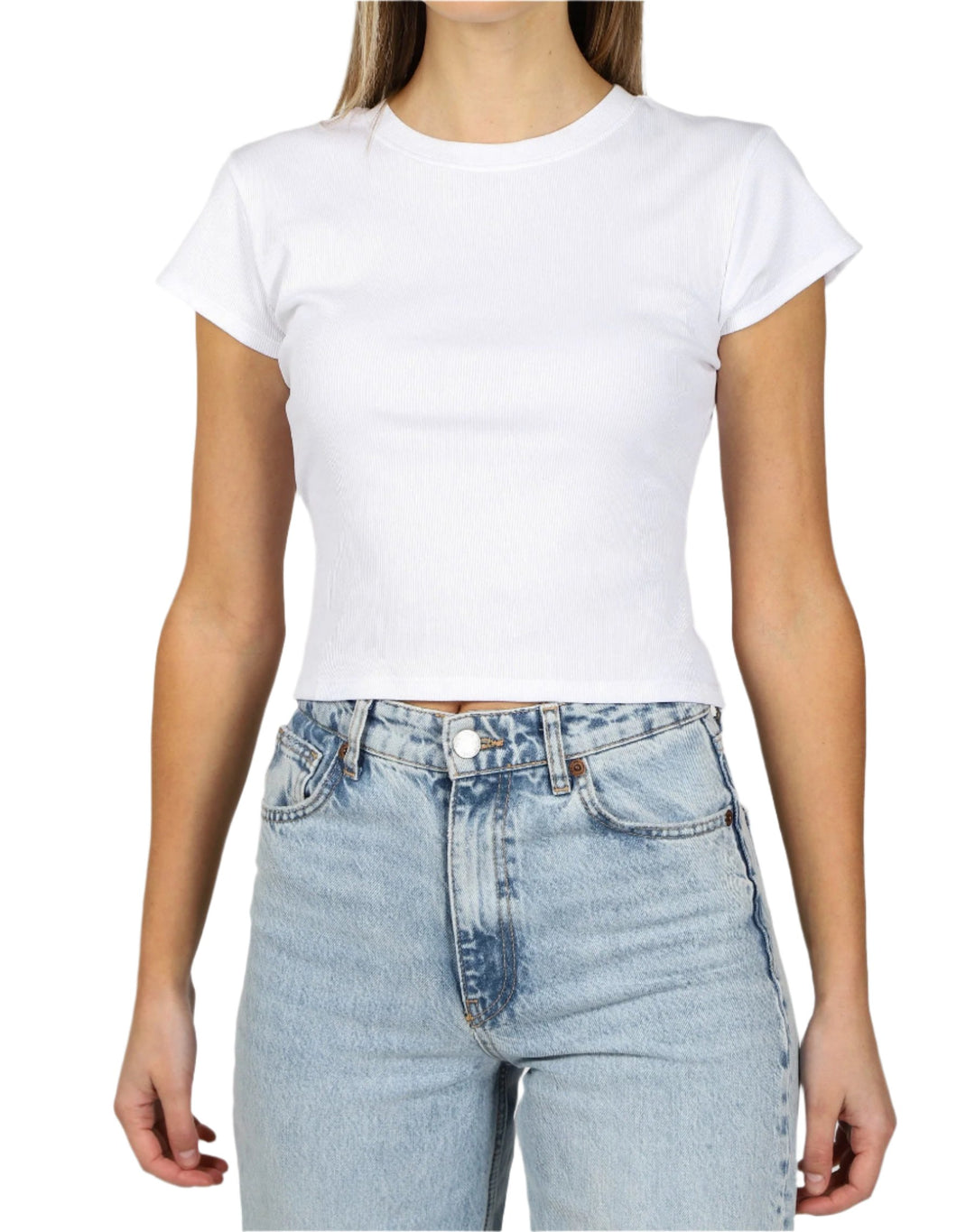 Brunette the Label - Ribbed Fitted T-shirt with Capped Sleeves (White)