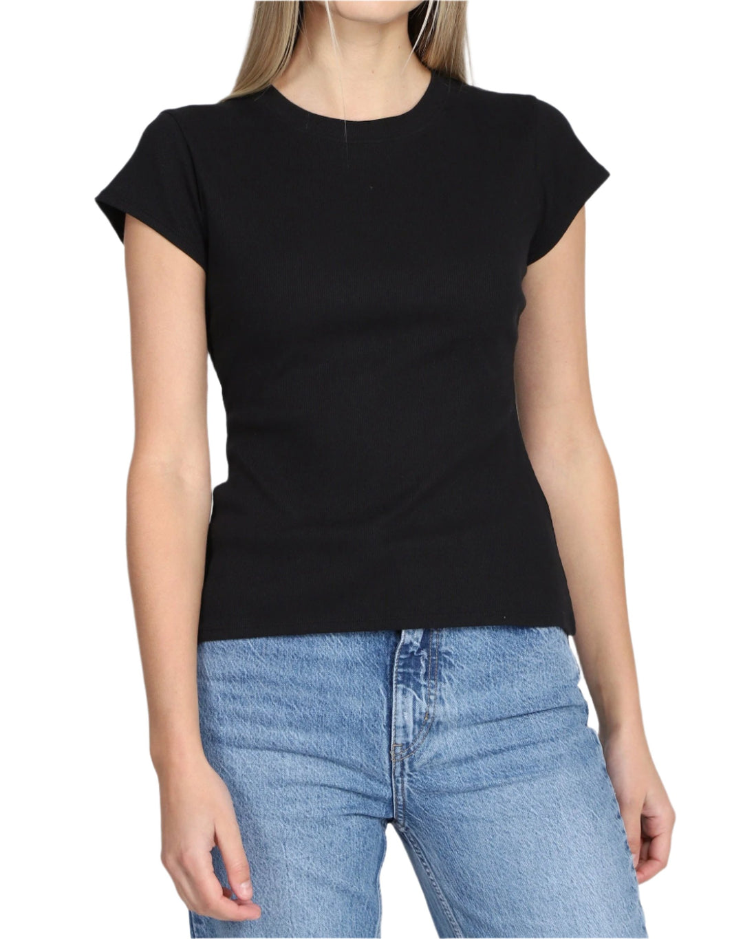 Brunette the Label - Ribbed Fitted T-Shirt with Capped Sleeves (Black)