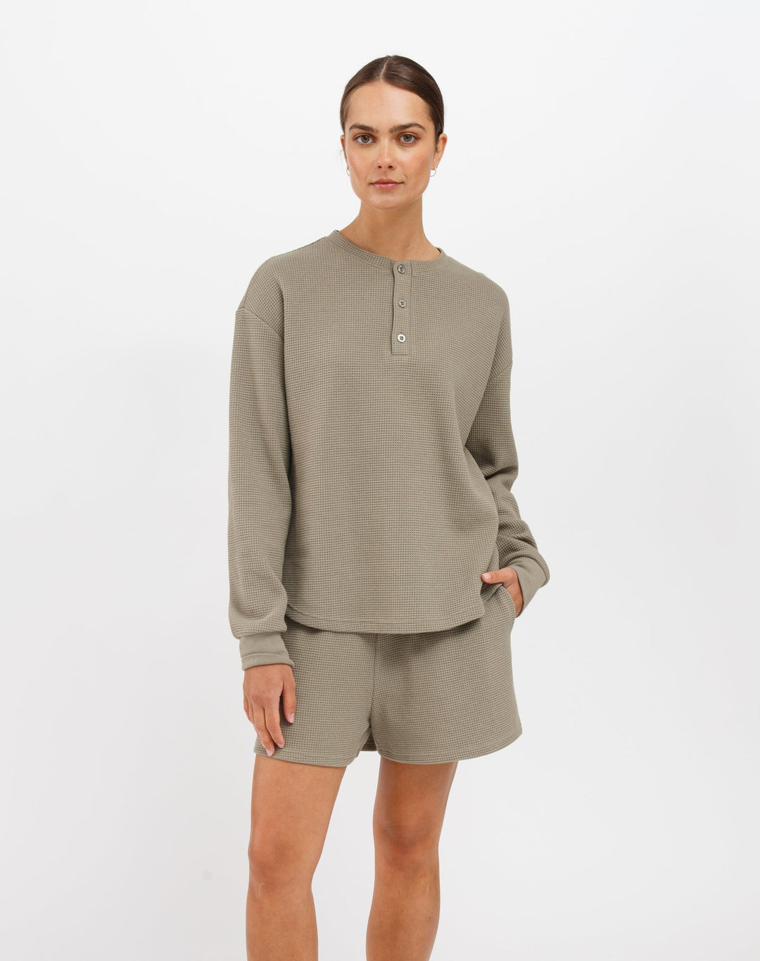 Brunette the Label - Waffle Knit Boxy Henley (Olive)