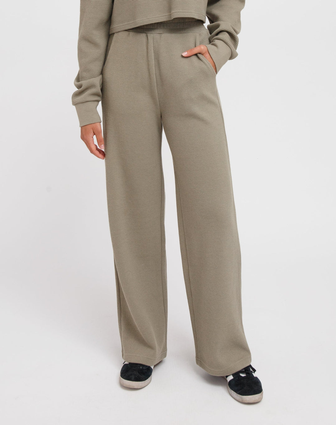 Brunette the Label - Waffle Knit Wide Leg Pants (Olive)