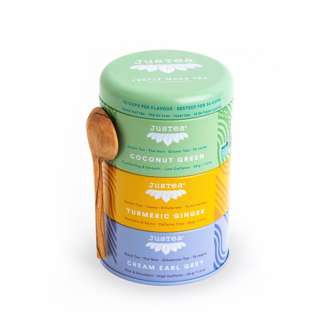 JusTea - Assorted Trio Tin & Spoon - Organic Black, Green, Herbal Tea