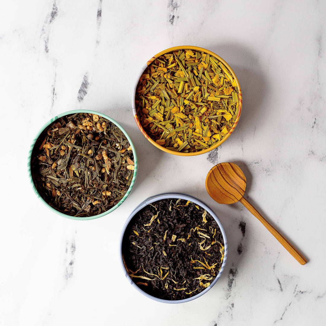 JusTea - Assorted Trio Tin & Spoon - Organic Black, Green, Herbal Tea