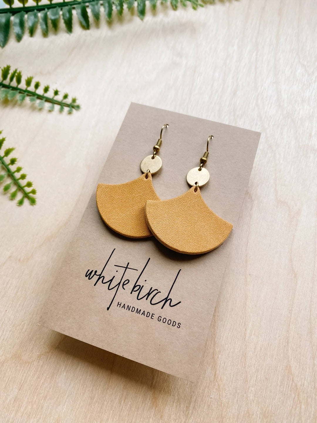 Whitebirch Handmade Goods - Distressed Tan Leather & Mini Brass Disc Geometric Earrings