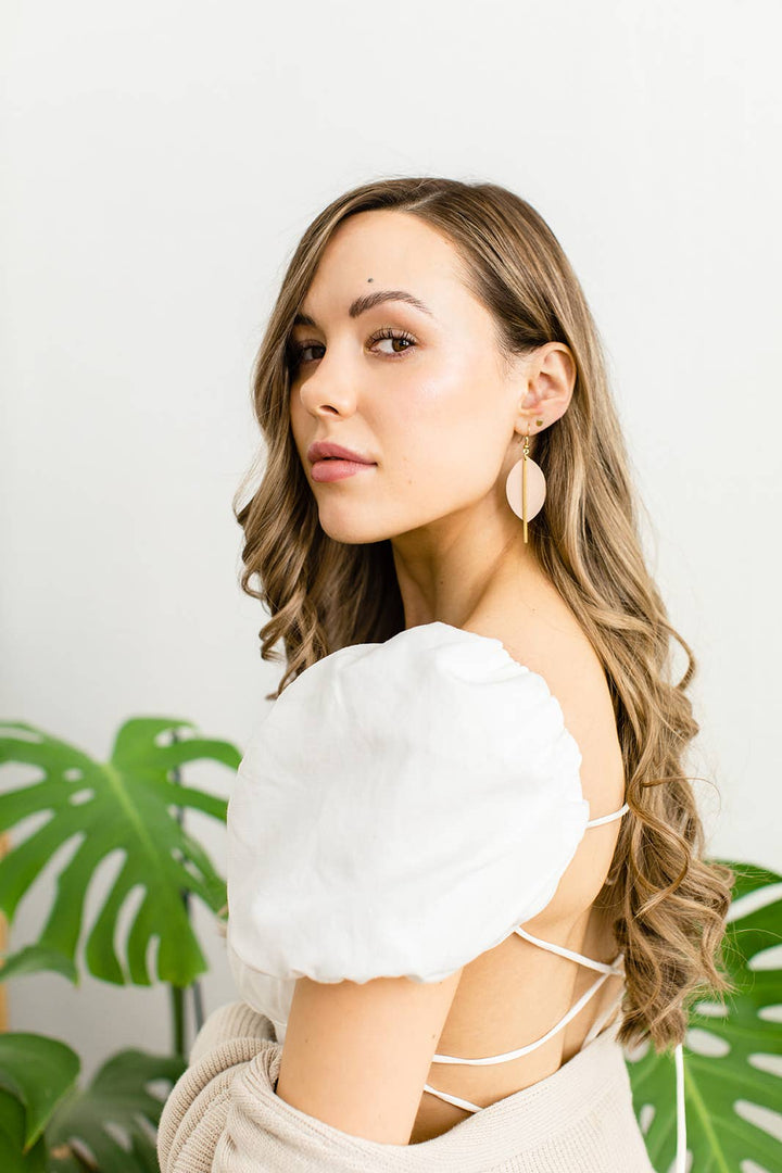 Whitebirch Handmade Goods - Blush Pink Petal Leather and Brass Bar Earrings