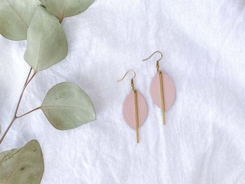Whitebirch Handmade Goods - Blush Pink Petal Leather and Brass Bar Earrings