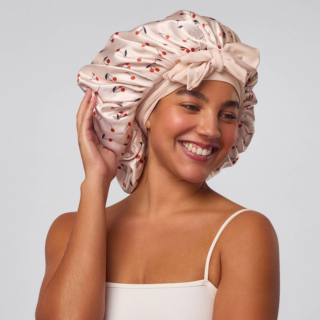 Kitsch - Adjustable Oversized Satin Bonnet - Cherry Print