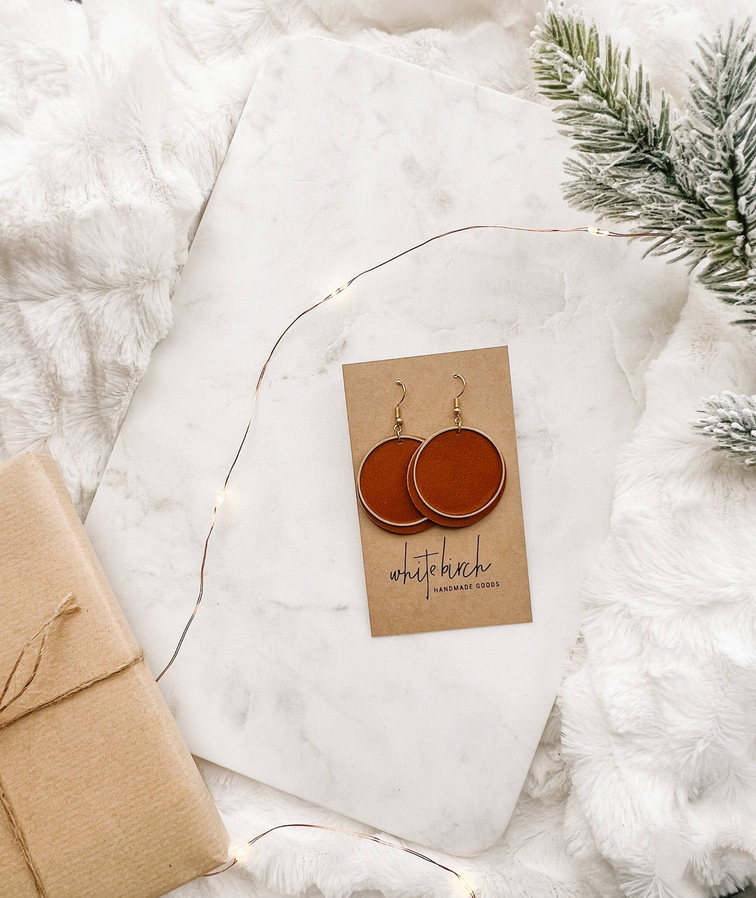 Whitebirch Handmade Goods - Brown Leather Disc & Brass Circle Earrings
