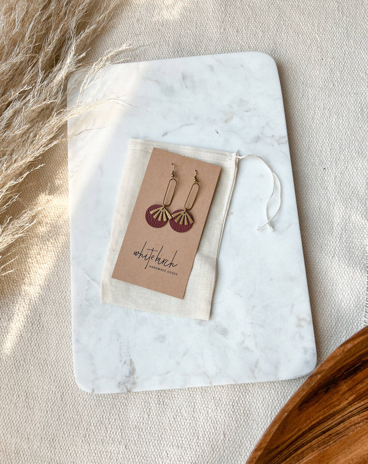 Whitebirch Handmade Goods - Burgundy Leather & Brass Sunburst Geometric Earrings