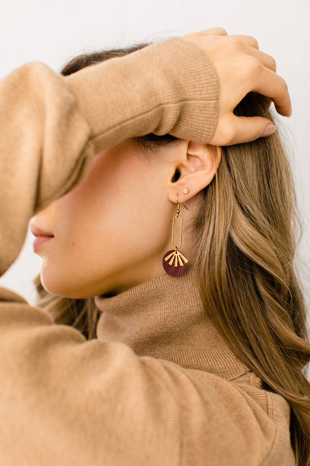 Whitebirch Handmade Goods - Burgundy Leather & Brass Sunburst Geometric Earrings