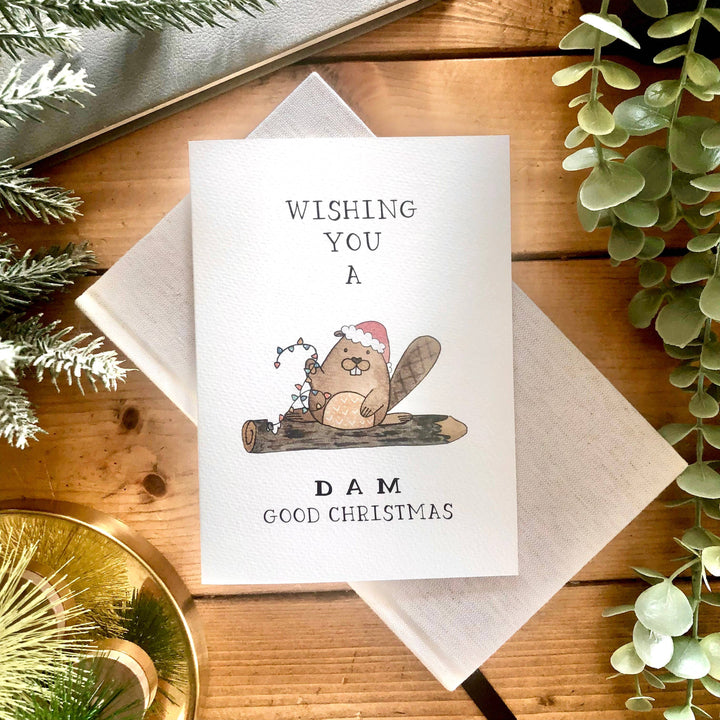 Holiday – “Dam Good Christmas” Card with Beaver Illustration