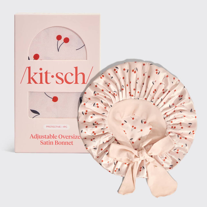 Kitsch - Adjustable Oversized Satin Bonnet - Cherry Print